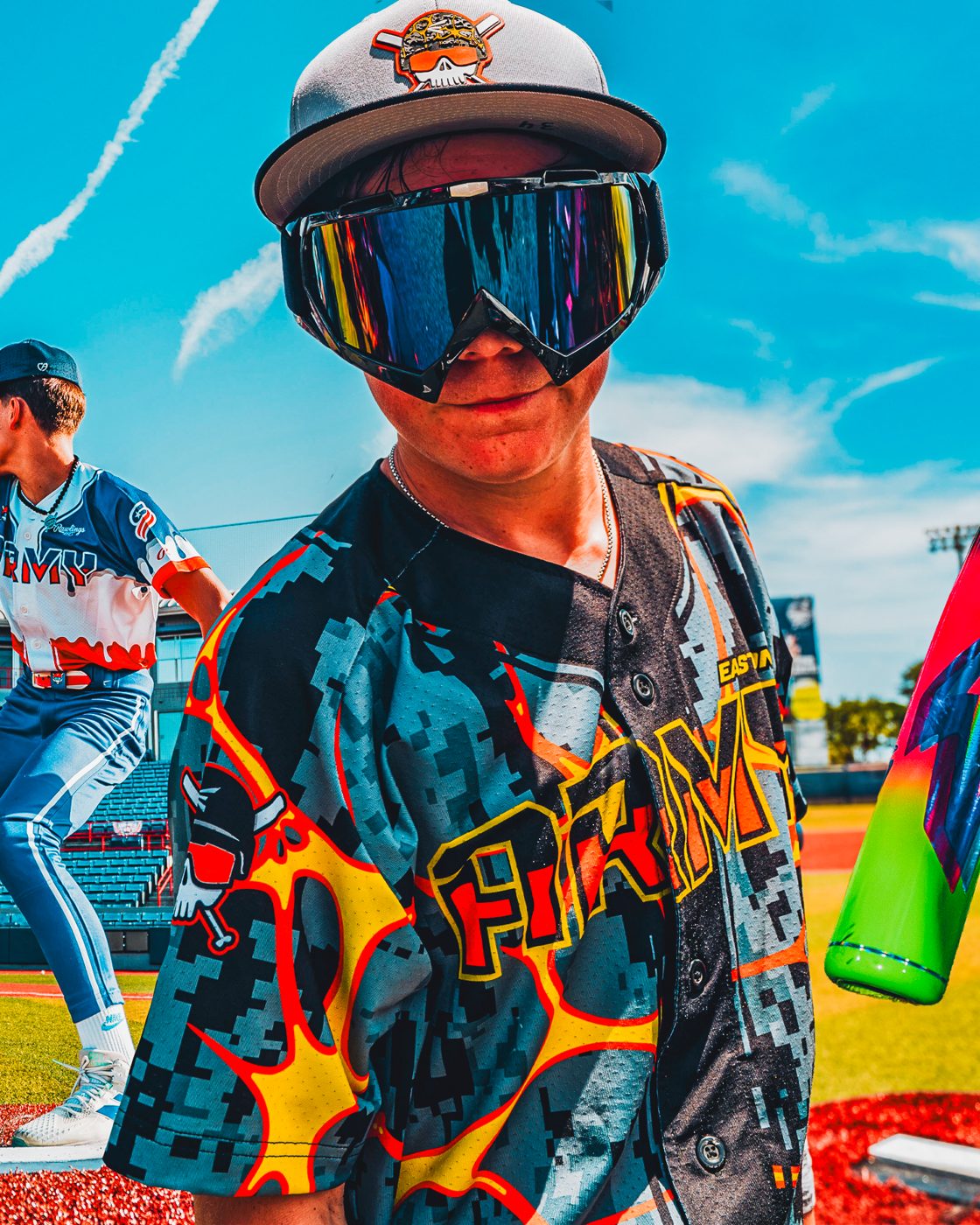 A baseball player in goggles, with SAUCE
