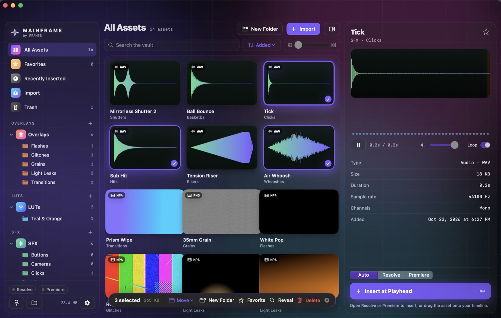 Select a stack of sound effects and organize them in one go