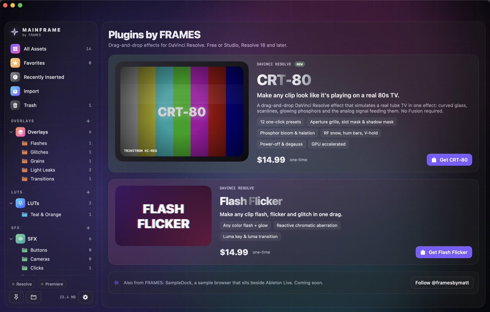 The Plugins tab shows off CRT-80 and Flash Flicker