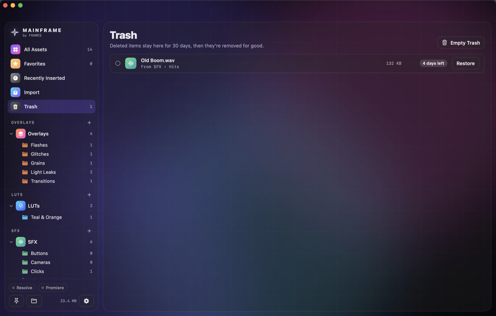 Deleted items wait 30 days in the Trash